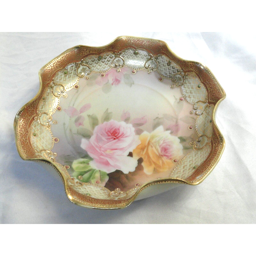 NIPPON FLORAL PLATE GOLD TRIM ORNATE RUFFLE HAND PAINTED 7.25 INCH